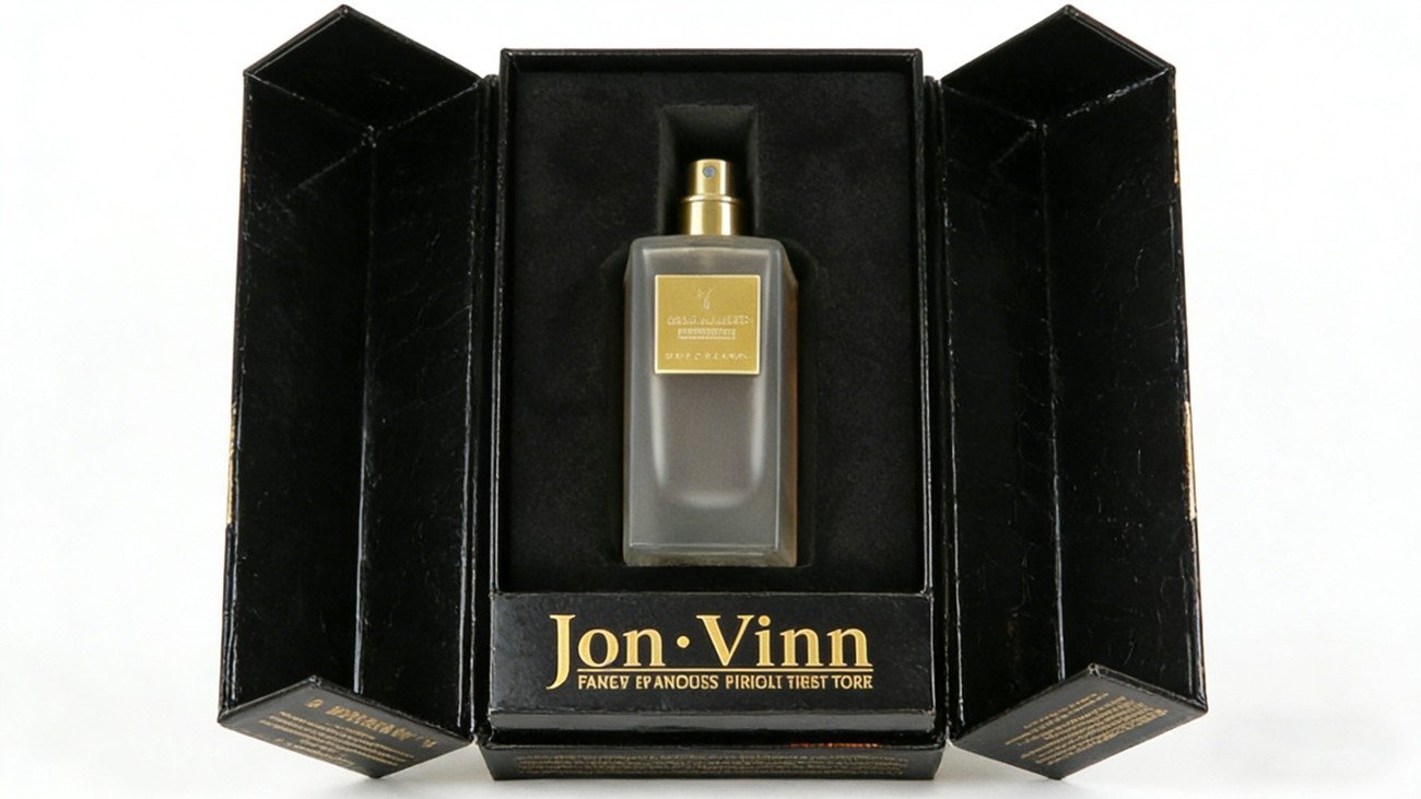 Luxury perfume box featuring black gold cardboard with gold hot stamping finish and double door opening