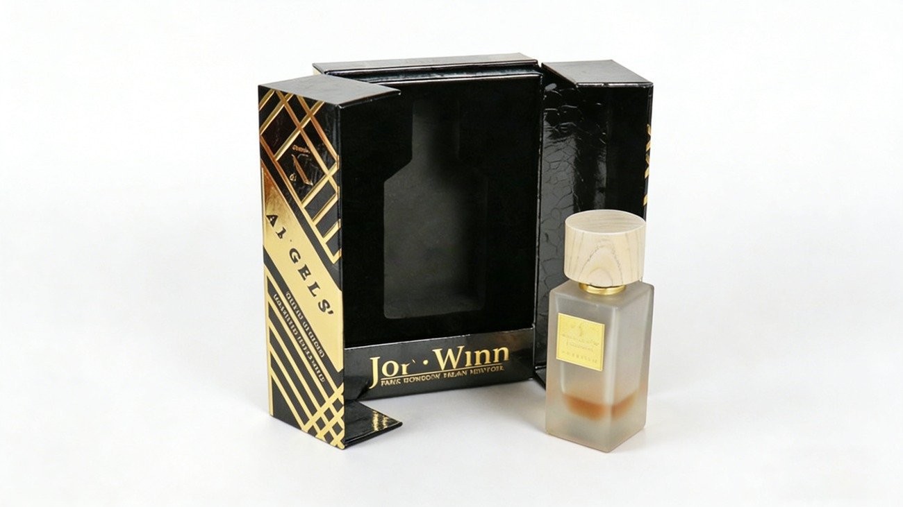 Customizable black gold perfume packaging box with magnetic double door closure and velvet lining