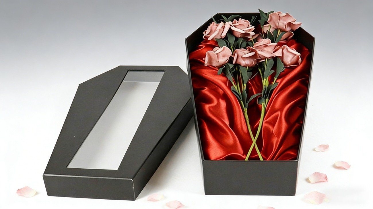 Customizable transparent window cardboard dark wind chime grass bouquet gift box, coffin shaped design, red silk lining