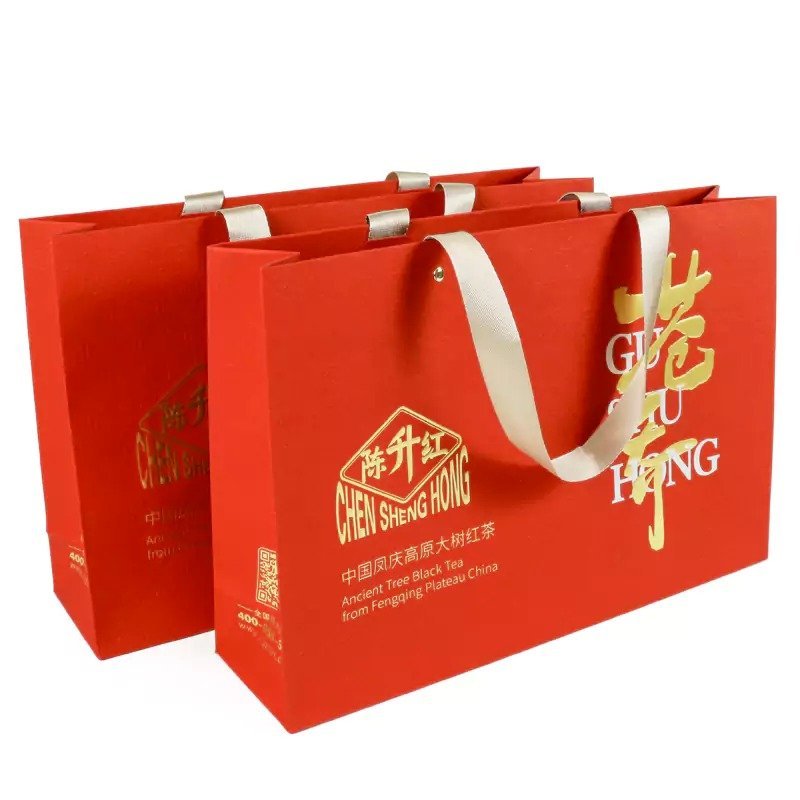 Premium Red Paper Gift Bag with Gold Foil Logo – Elegant Packaging for Luxury Gifts