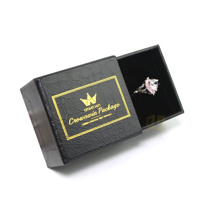 Luxury black textured drawer style ring box produced by Crown Win Box