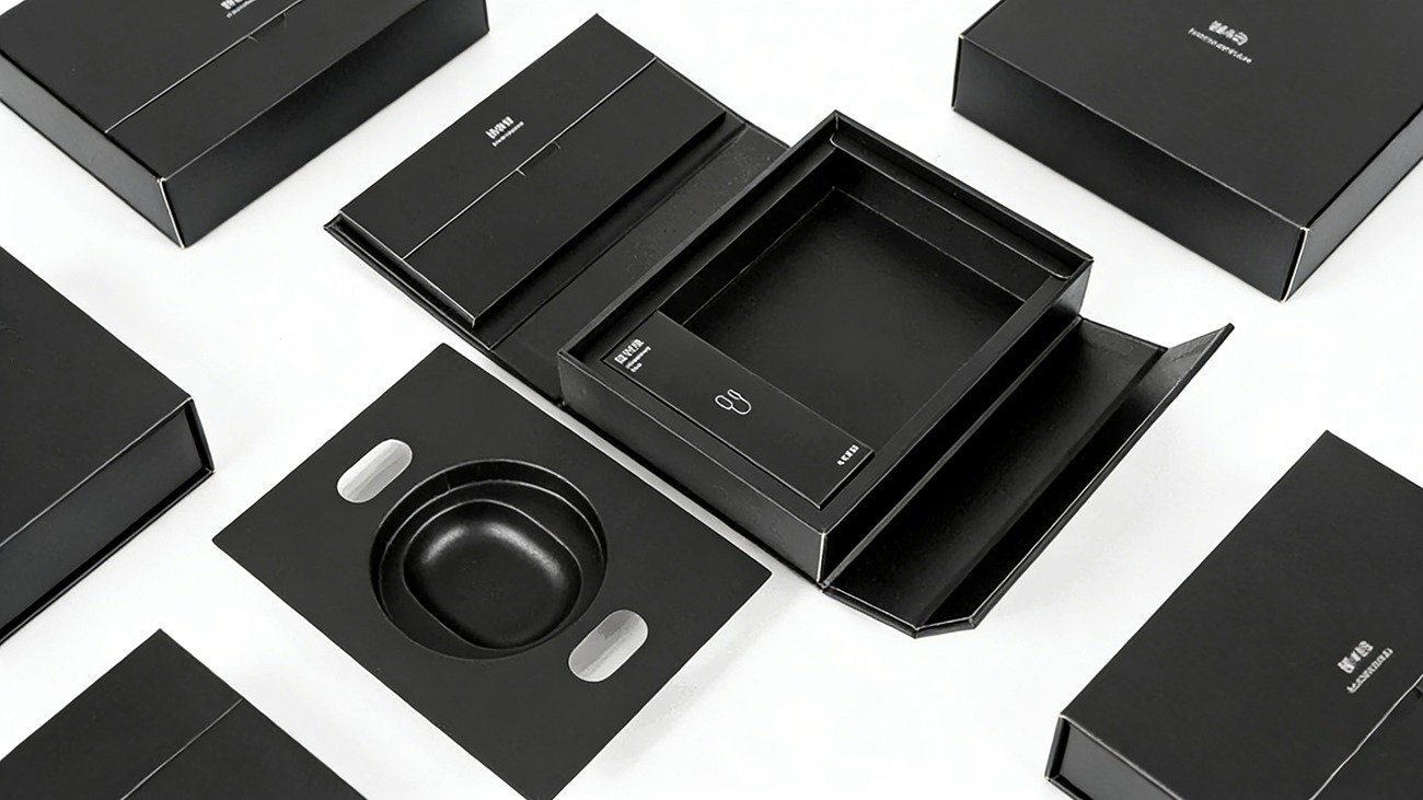 Double door headphone packaging box made of sustainable cardboard with holographic printing