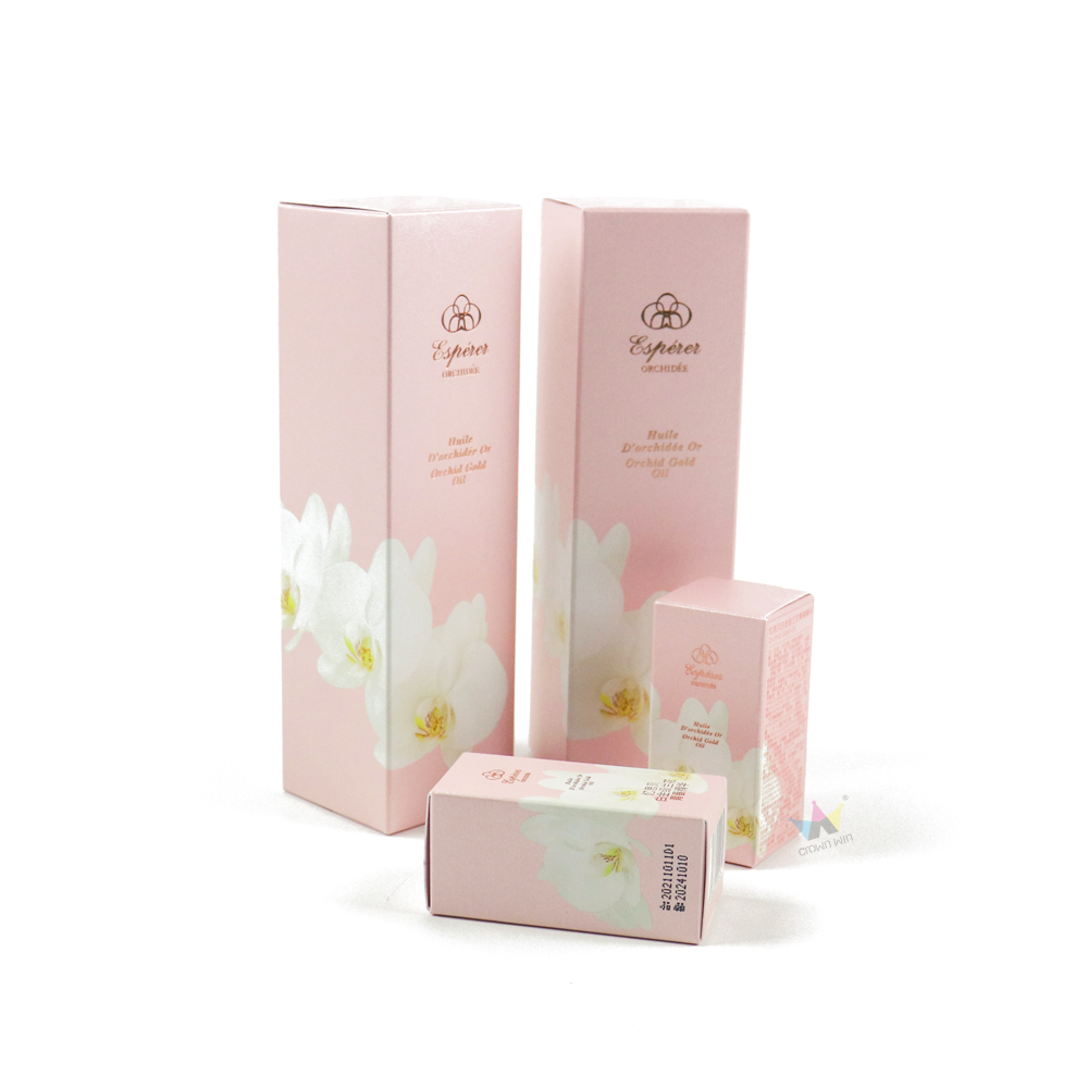 High grade pink coated cardboard foldable packaging box, suitable for luxury orchid skincare products and essential oil packaging