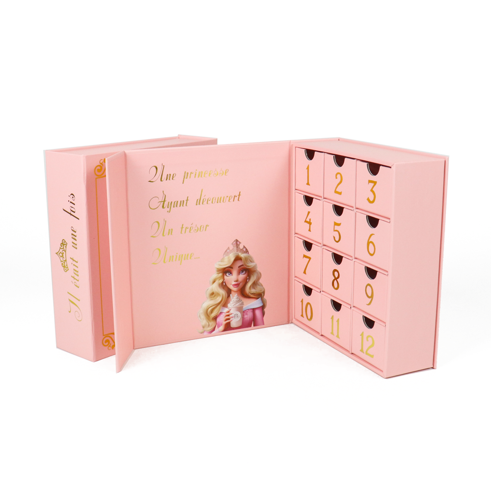 Premium Pink Cardboard Hot Stamping -12 Grid Princess themed Christmas Countdown Calendar Gift Box | Crown Win Manufacturer Customizable