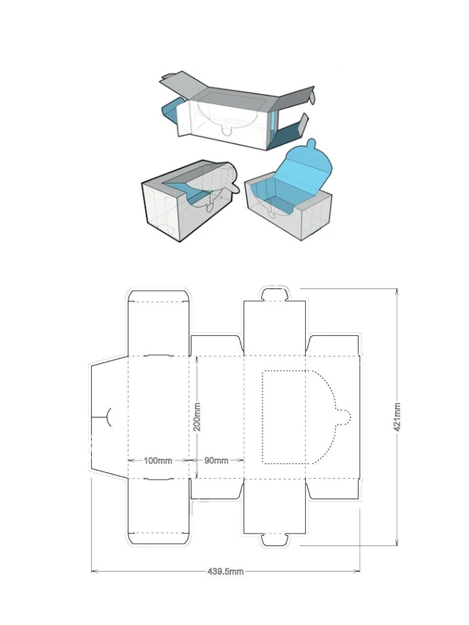 Double lid box die-cutting template with inner tray and 3D assembly view