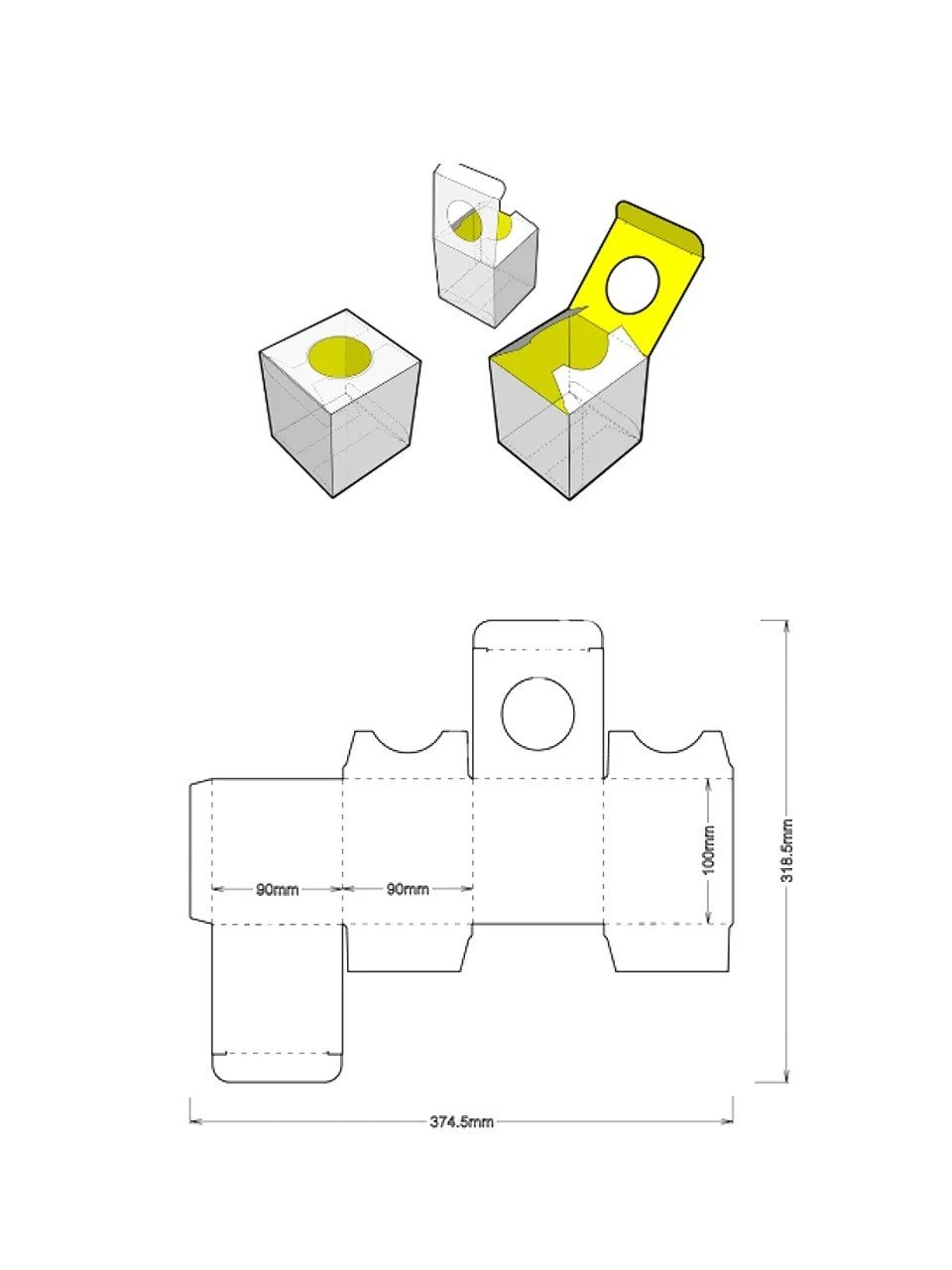 Cube paper box die-cutting template with hooks and 3D assembly view