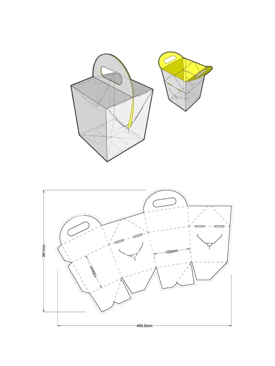 Die cutting template and 3D assembly view for trapezoidal hand-held box with integrated handle