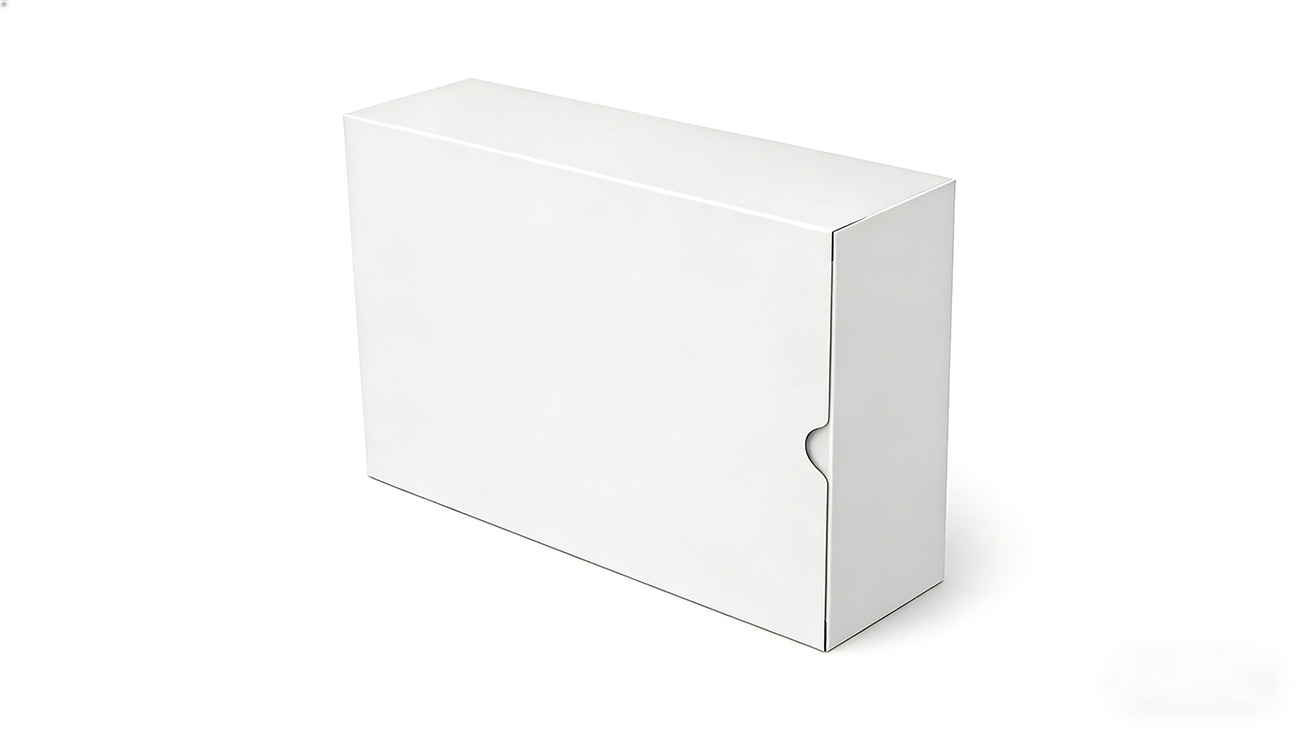 A simple white hard cardboard box, adorned with an understated embossed brand logo.