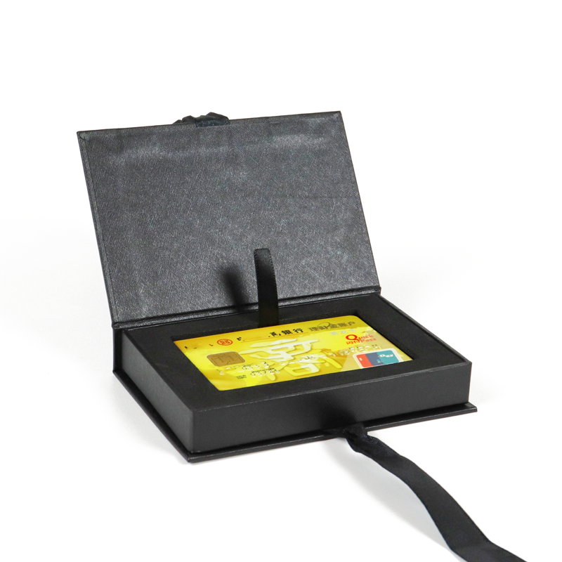 High end textured black cardboard hot stamping gift card box - ribbon buckle design | Customized by Crown Win manufacturer