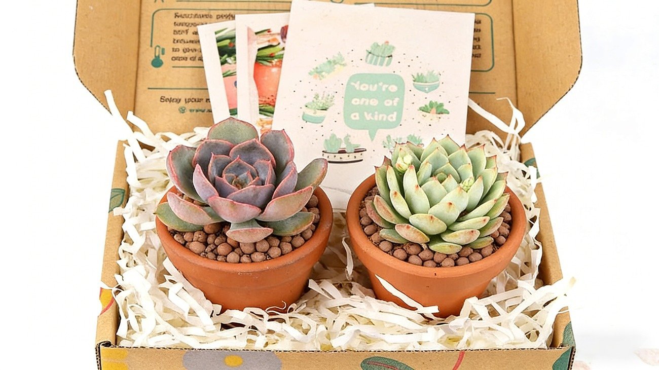 A glue free and environmentally friendly plant transport box with three potted plants inside. The box is in an open state to display the internal protective structure