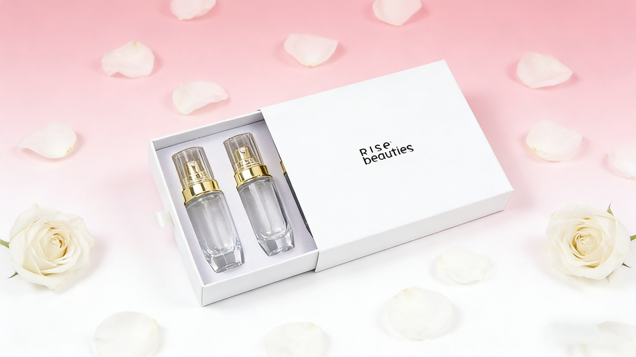 Crowne Plaza customized two-piece cosmetics gift box structure, with precision die-cutting lining, suitable for skin care products and perfume sets, hard paper packaging, including tray design.