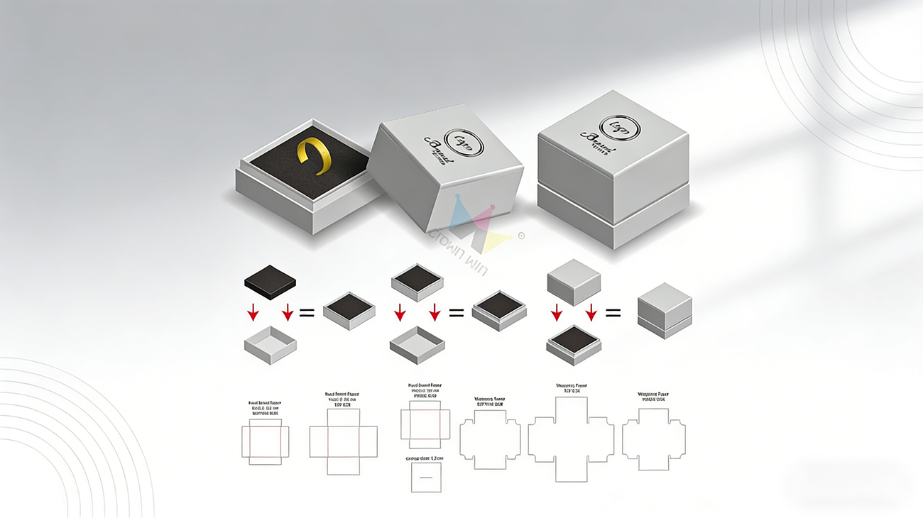Crown Win rigid lid and base box structure diagram with material specs, assembly process and die-cut template for custom paper packaging