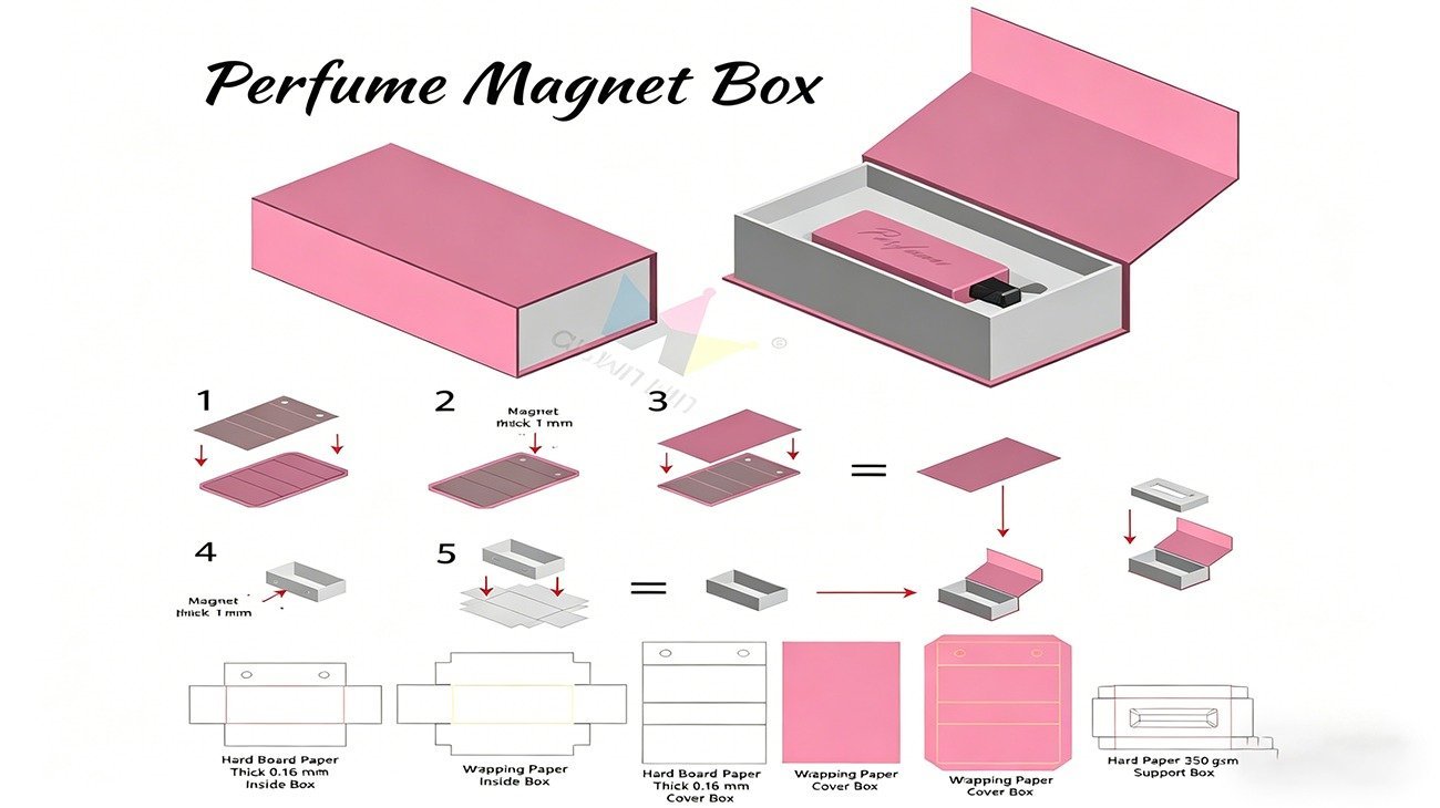 Perfume Magnetic Box Structure Diagram – Assembly, Materials & Die-Cut Template by Crown Win
