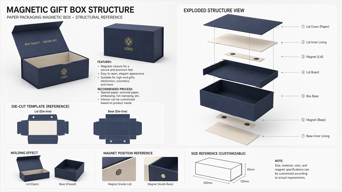 Magnetic hard box construction diagram – 0.2cm hand board paper, shaping paper wrap, and 1.5cm board magnets – designed by Crown Win Box Manufacturer