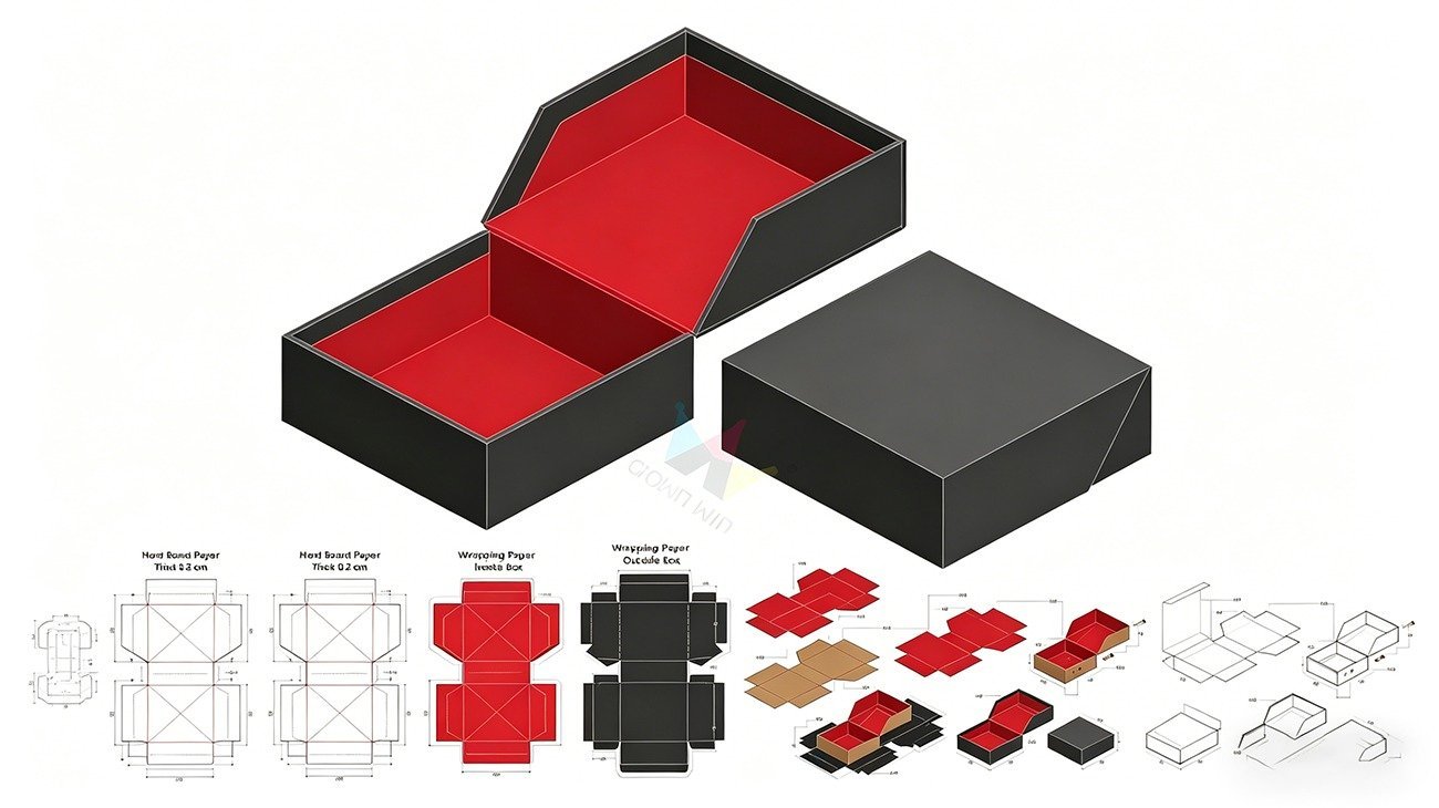 Flip type magnetic hard box die mold design and assembly structure by Crown Win, showing hard cardboard core, wrapping paper and hidden magnetic closure details.