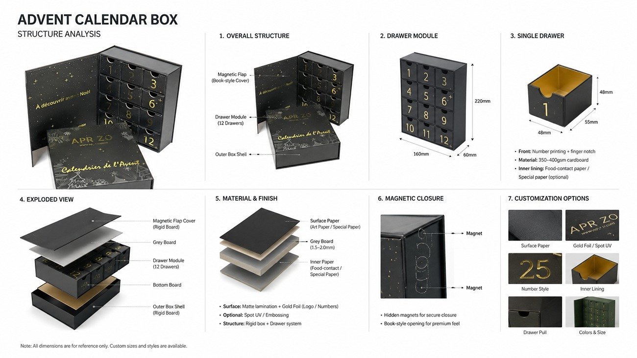 Customizable drawer design for premium surprise calendar gift boxes
