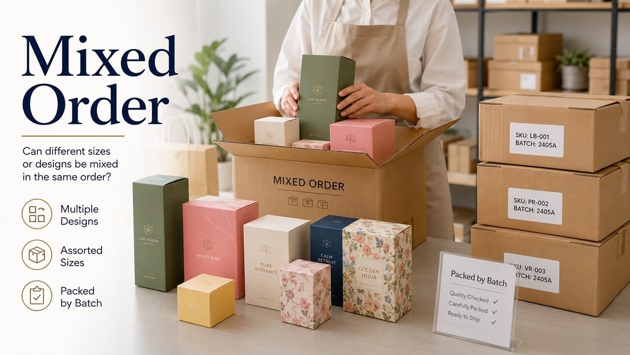 Can different sizes or designs be mixed in the same order?