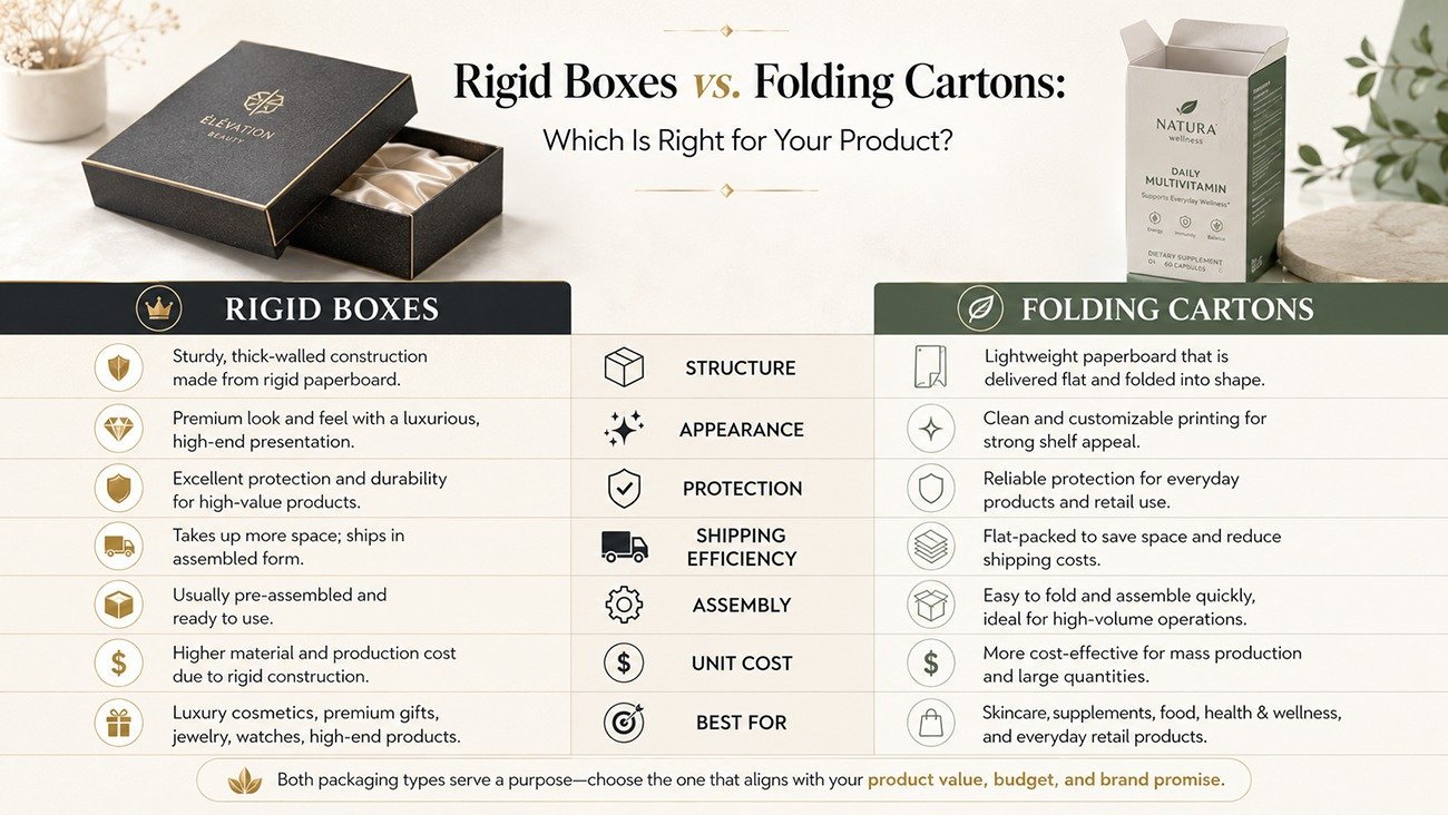 Side-by-side comparison of rigid box and folding carton for custom product packaging