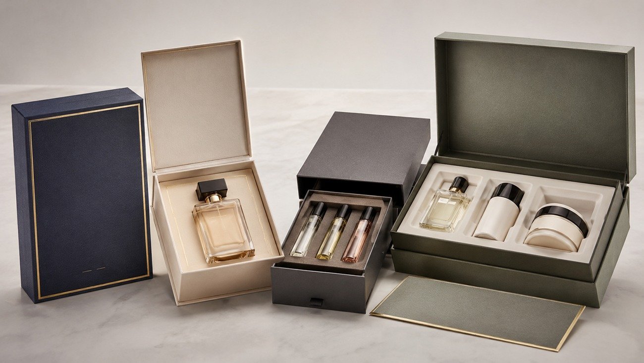 Luxury custom paper packaging for perfume bottles and fragrance sets produced by Crown Win Box