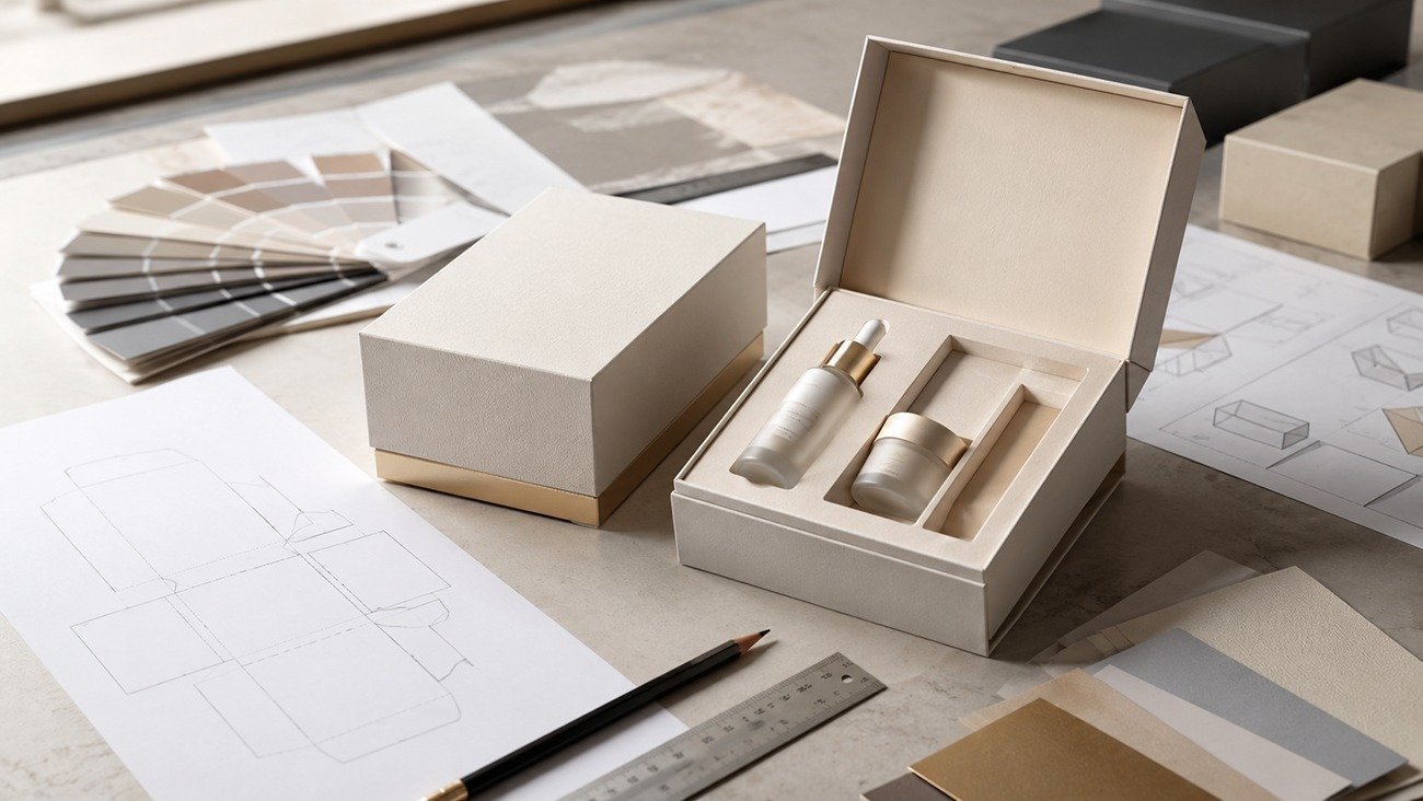 Custom cosmetic packaging pre-production sample with box die-cut drawings, color swatches and finishing materials from Crown Win Box Manufacturer