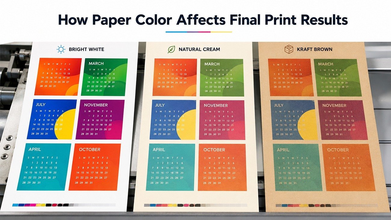 Different paper base colors including bright white, natural cream and kraft brown show how paper color affects CMYK printing results on custom paper packaging, Crown Win Box Manufacturer printing color guide