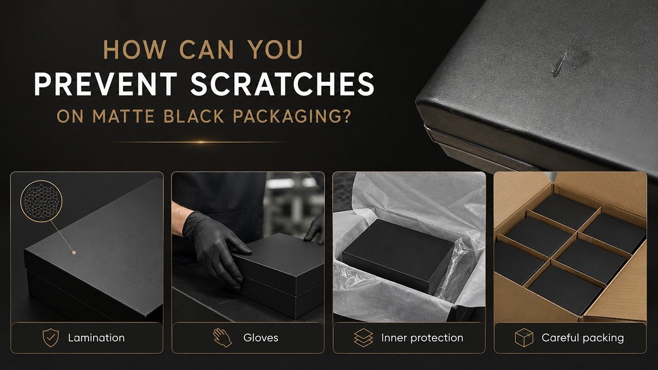 Solutions to prevent scratches on matte black packaging: anti-scratch lamination, glove handling, inner tissue protection and safe export packing, Crown Win Box Manufacturer