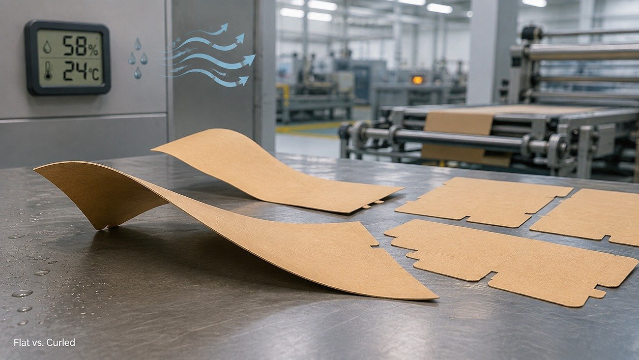Curled vs flat kraft paper box blanks inside Crown Win Packaging factory, showing paper warp defects under humidity control monitoring