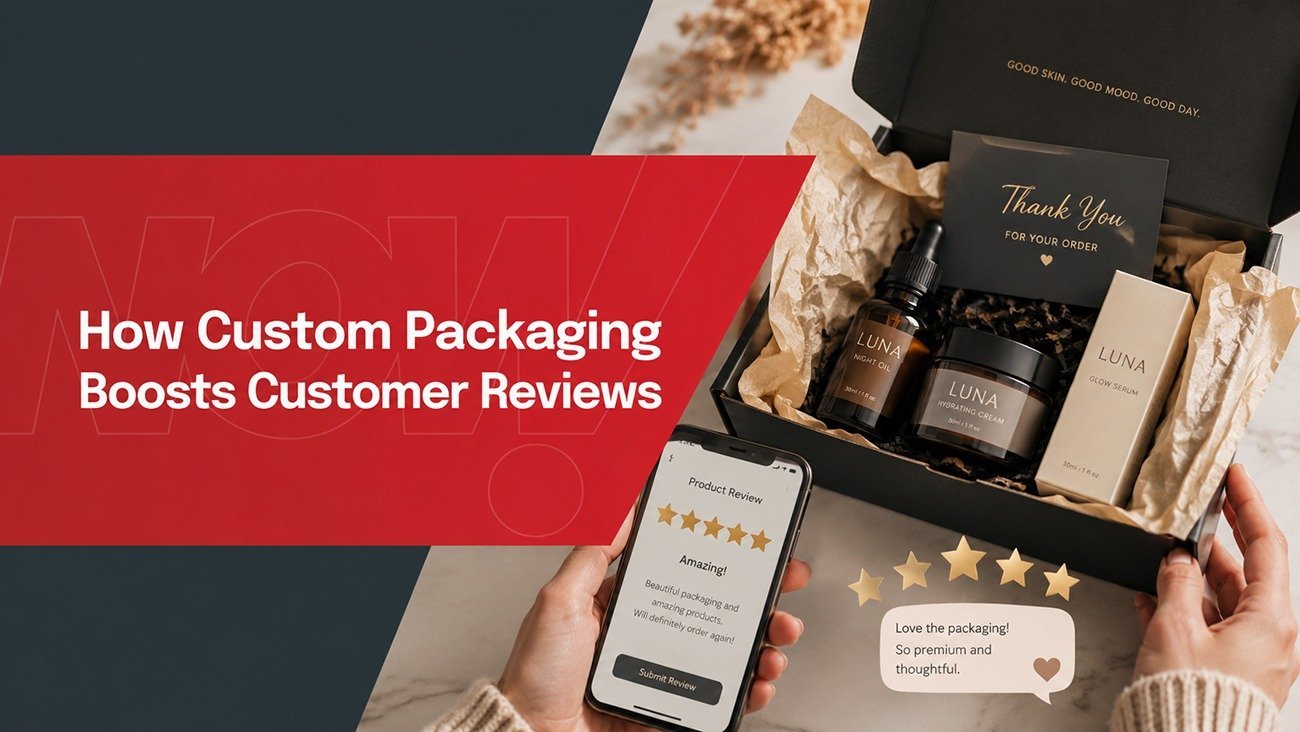 Custom skincare unboxing scene showing 5‑star customer reviews, how custom packaging improves customer reviews for beauty brands