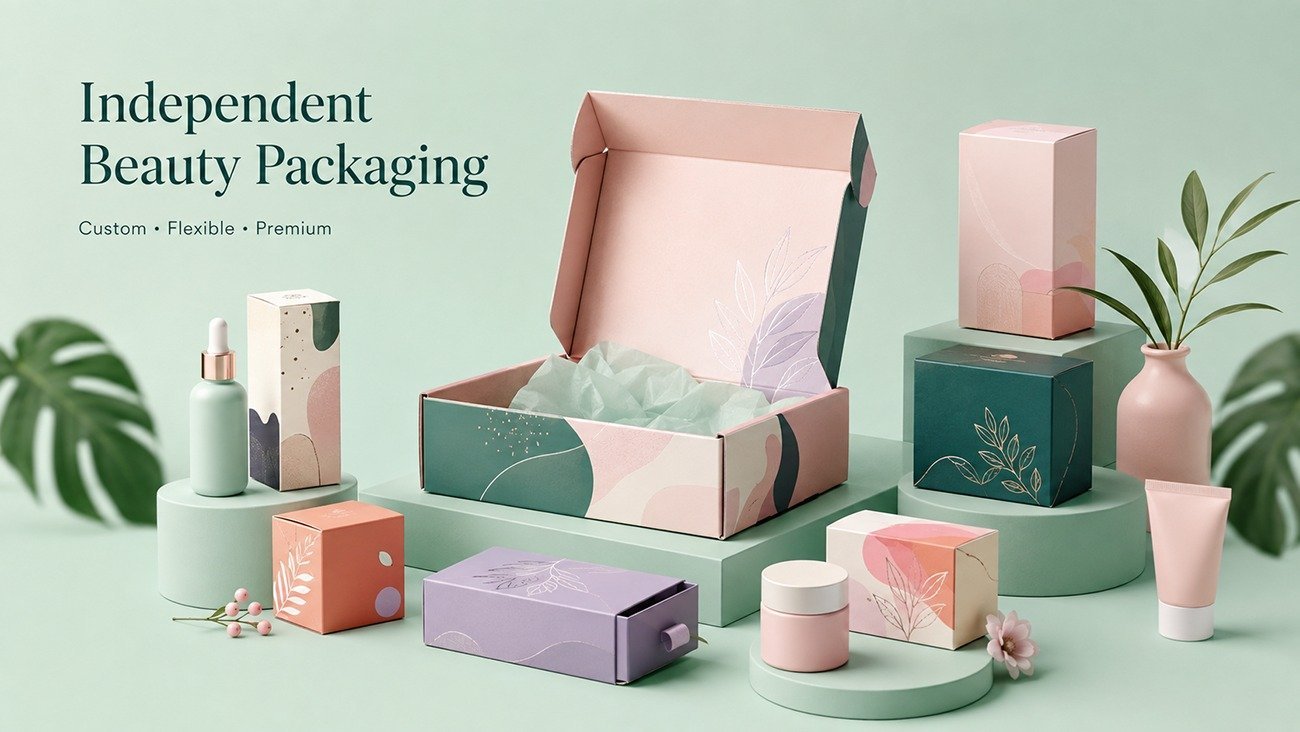 Custom packaging for indie beauty brands, low MOQ custom structure and premium finishing cosmetic paper boxes from Crown Win Box Manufacturer