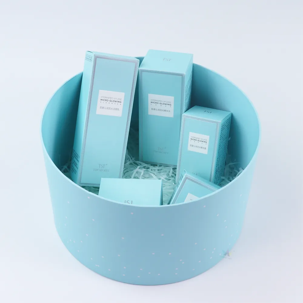 Custom Luxury Round Box, Rigid Cylinder Round Gift Box For Cosmetic Skincare Gift Set Packaging