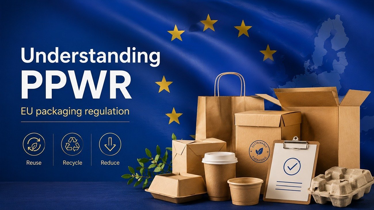 Understanding PPWR EU packaging regulation banner, sustainable kraft paper packaging with EU flag background, reuse recycle reduce concept for export brands