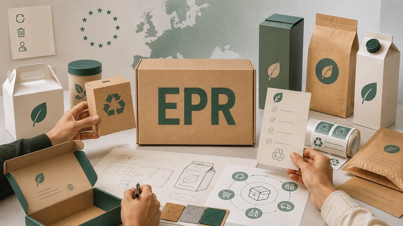 Packaging design workshop reviewing EPR compliant paper box prototypes, European map and recycling checklist for EU regulations