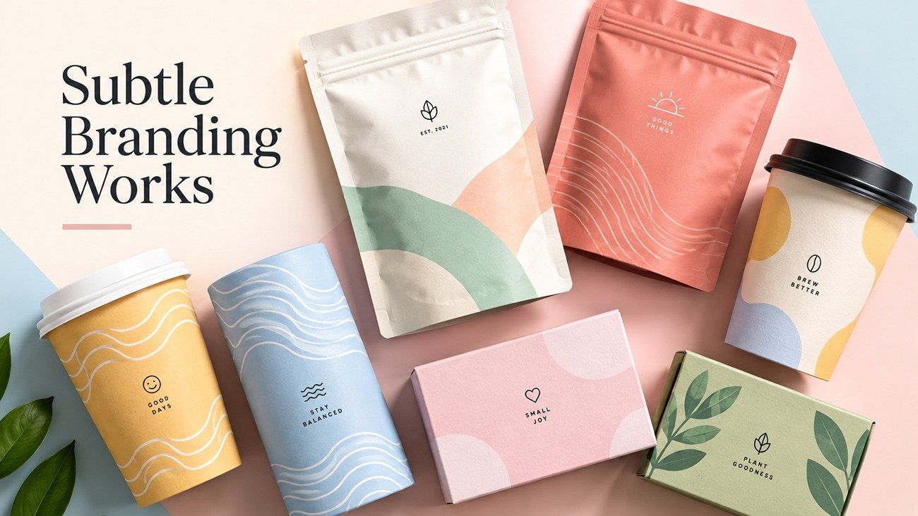 Subtle branding works, premium custom paper boxes and pouches printed with tiny minimalist logos for luxury product packaging