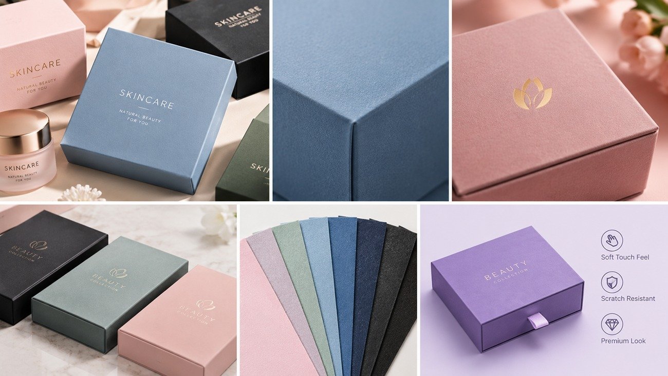 Soft-touch vs glossy packaging texture comparison, premium tactile custom packaging for social media UGC